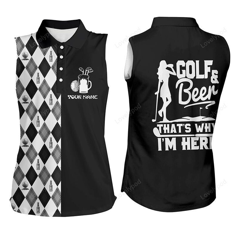 Golf & beer that’s why im here women sleeveless polo shirt, black white argyle golf tops for women GY3395