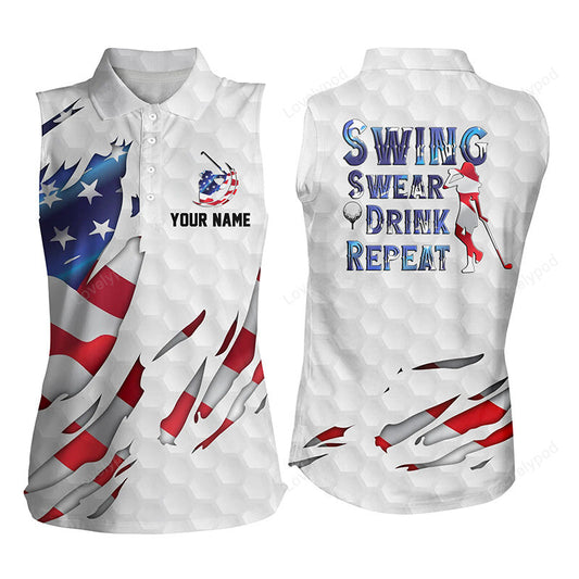 Swing swear drink repeat american flag women sleeveless polo shirt, patriotic golf shirts for women GY3397