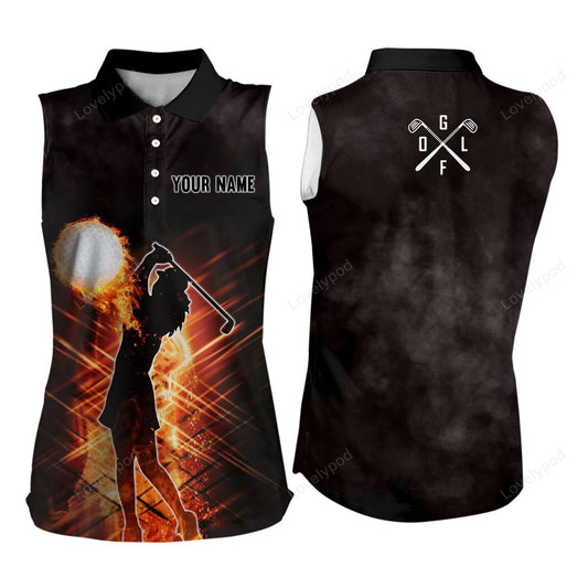 Custom flame golf ball light golf outfits women, personalized golf gifts, women sleeveless polos shirt GY3399