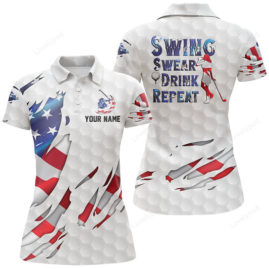 Swing swear drink repeat american flag golf polo shirt, custom patriotic golf shirts for women GY3402