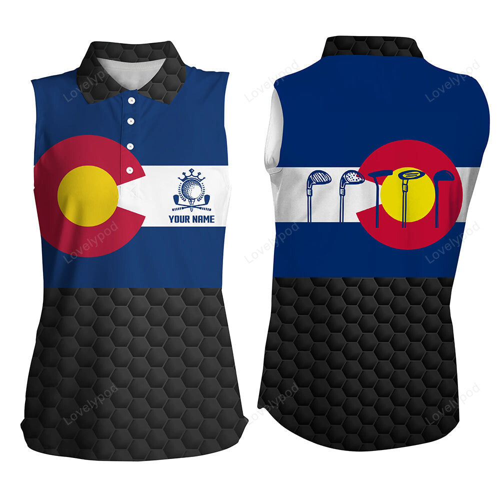 Colorado flag black womens sleeveless polo shirt, custom patriotic golf shirts for women golf gifts GY3404