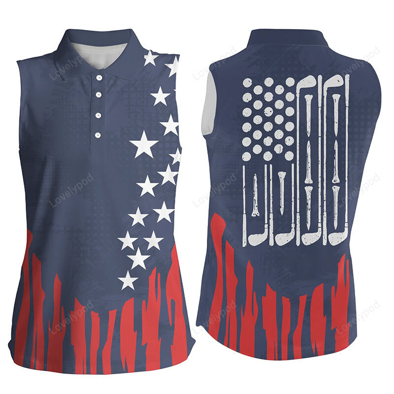 Red white and blue american flag women sleeveless golf polo shirt, patriotic women's golf outfits GY3409