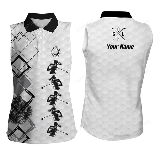 Black and white women sleeveless polo shirt, custom name women's golf apparel, gifts for golf lovers GY3412