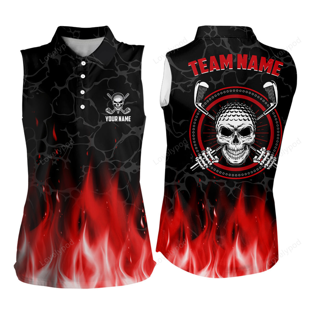 Personalized 3d all over print skull women sleeveless golf polo red fire flame golf shirts for women GY3416