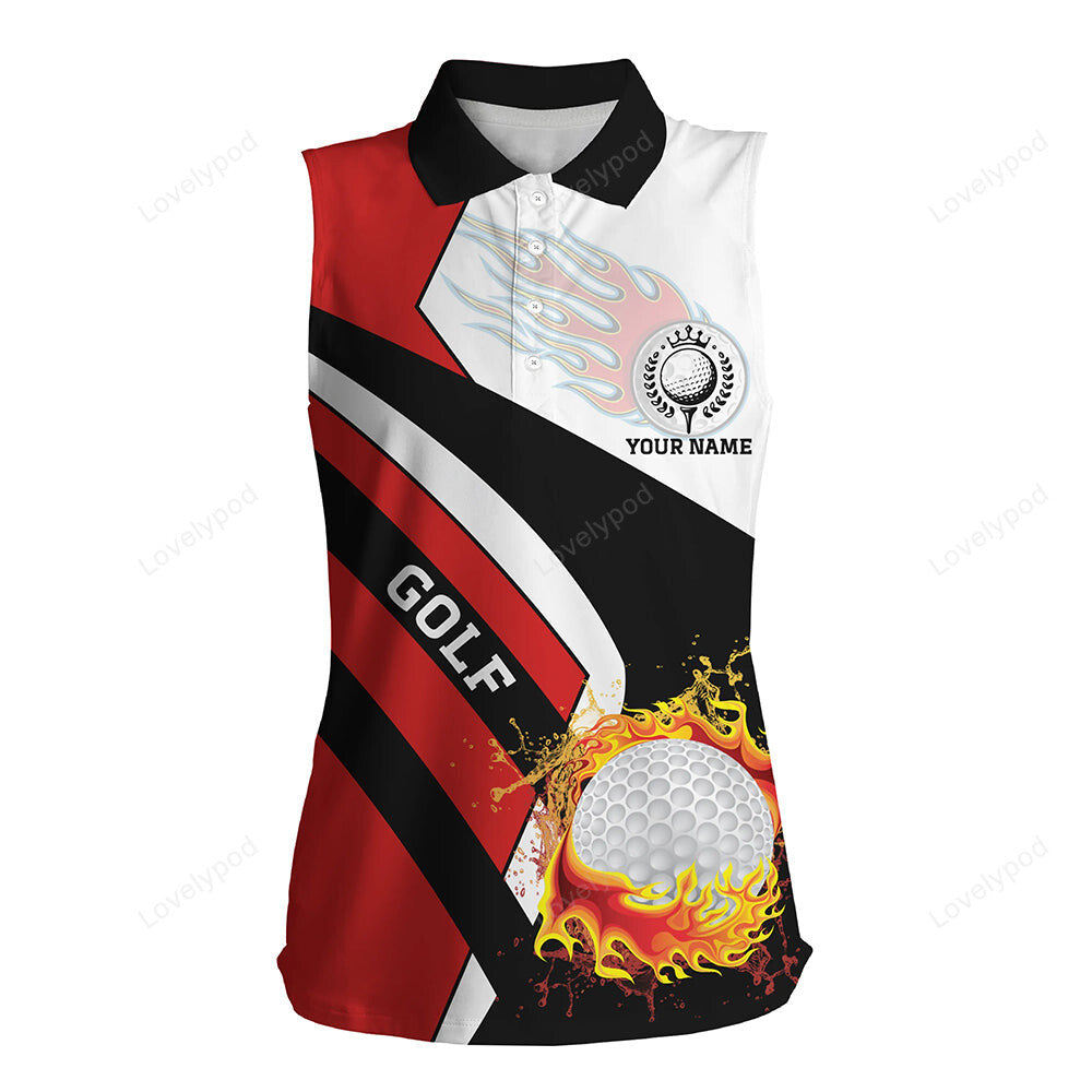 Women sleeveless polo shirt custom red white, black flame golf fire jerseys, golf outfits for ladies GY3417