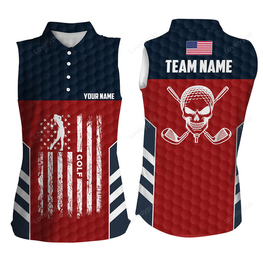 American flag golf pattern women sleeveless polo shirt, custom skull patriotic golf shirts for women GY3420