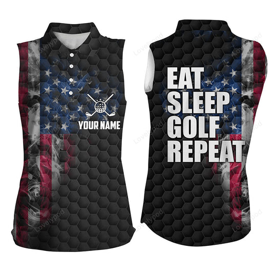 Black women sleeveless polo shirt, custom smoke american flag golf jerseys, patriotic ladies golf GY3424