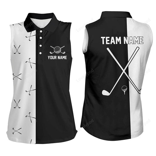 Black and white women sleeveless polo shirt, custom golf clubs shirt for ladies, female golf attire GY3426