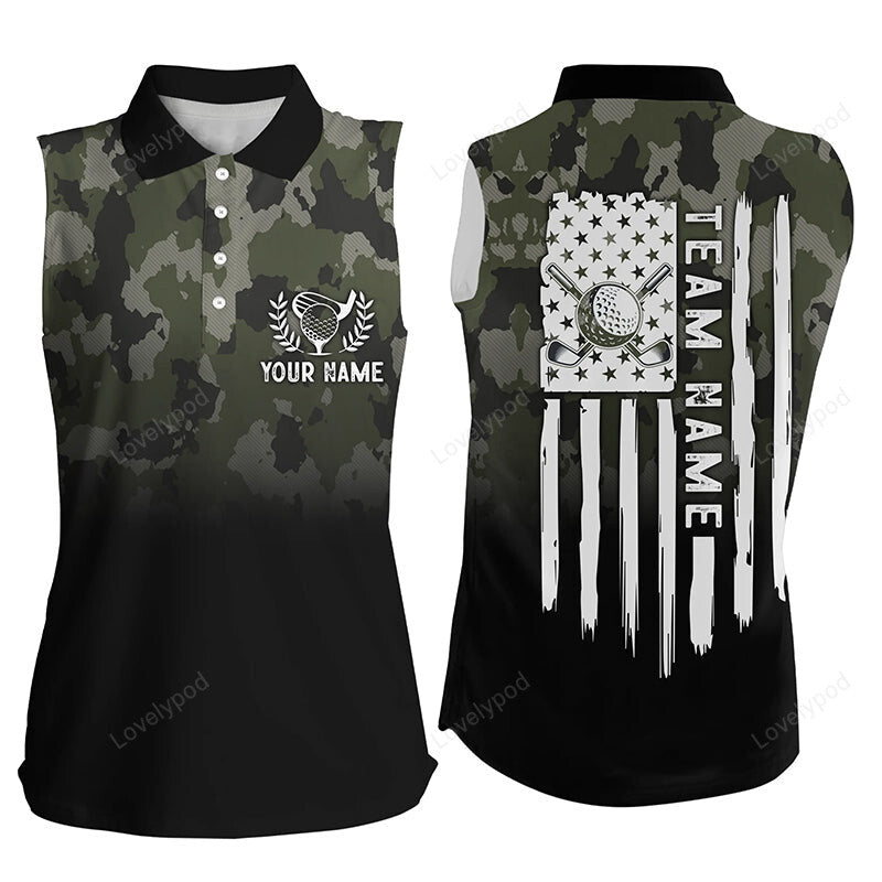 Black women sleeveless polo shirt, custom green camouflage american flag golf shirt for women GY3427