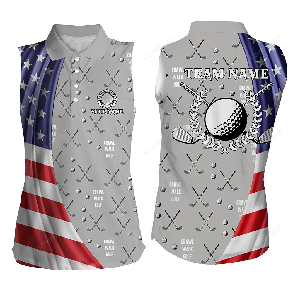 American flag patriot women sleeveless polos shirt, custom golf clubs pattern crawl walk golf tops GY3429