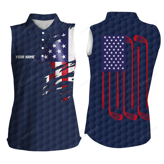 Women sleeveless golf polo shirt, navy golf ball american flag patriotic golf clubs custom golf gifts GY3430