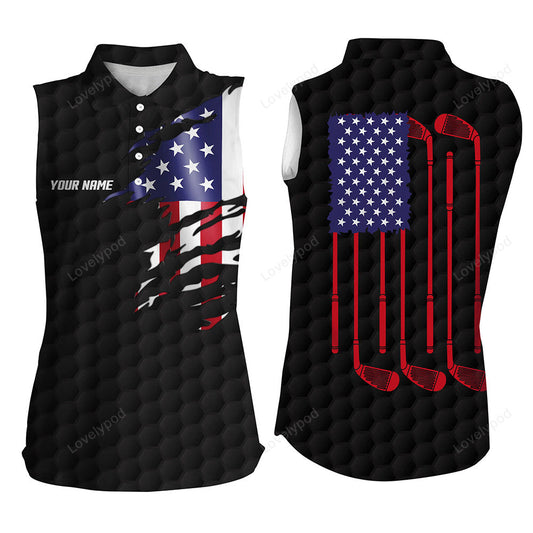 Black golf ball american flag patriotic golf clubs women sleeveless golf polo shirt, custom golf gifts GY3431