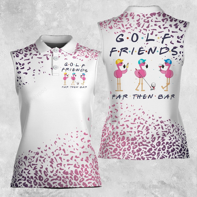 Golf friends par then bar leopard pattern flamingo playing golf 3d women sleeveless polo shirt, funny women golf shirt GY3435