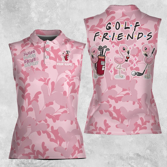 Golf friend cute flamingo golf team 3d women sleeveless polo shirt, funny women golf shirt GY3436