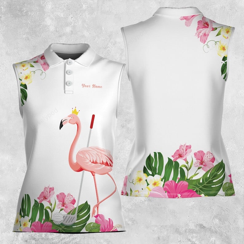 Customize name pink floral flamingo playing golf queen of the green 3d women sleeveless polo shirt, funny women golf shirt GY3437