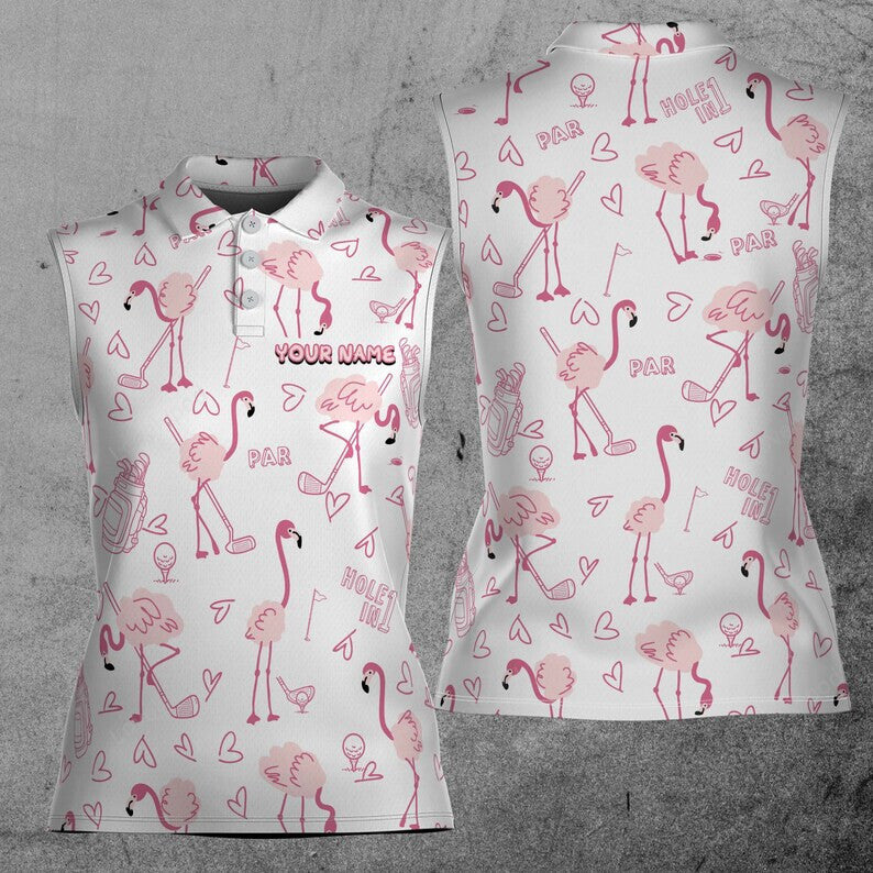 Cute flamingo playing golf pattern white golf team women's polo shirt, funny women golf shirt GY3438