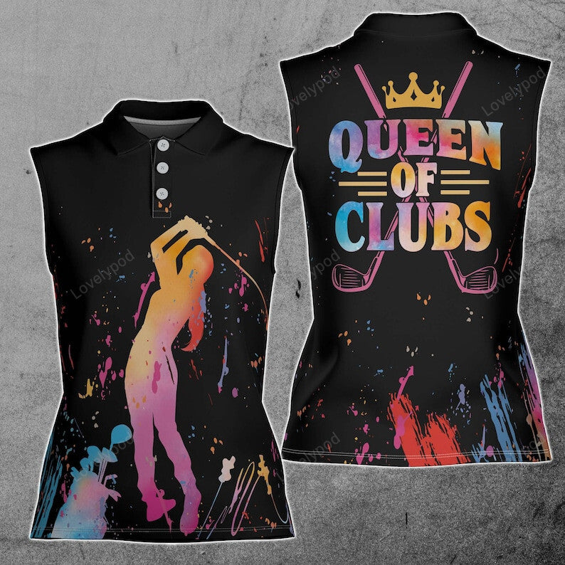 Queen of clubs golf ink splash multicolor women sleeveless polo shirt, funny women golf shirt GY3439