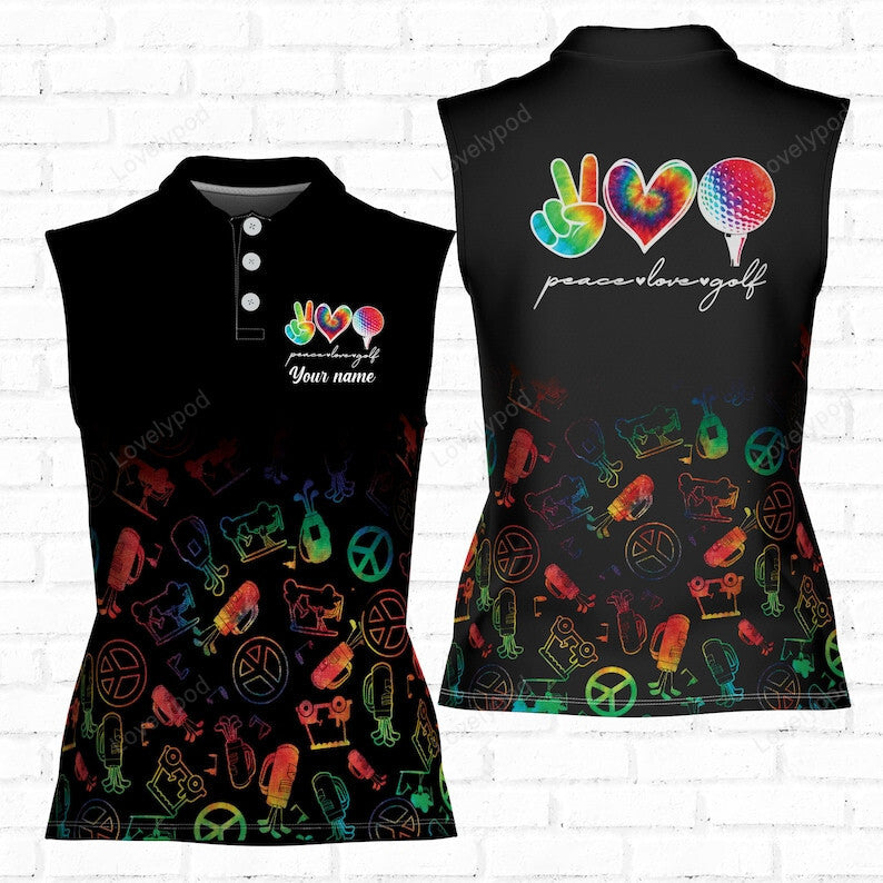 Customize name peace love golf lgbtq pride rainbow golf 3d women sleeveless polo shirt, funny women golf shirt GY3440