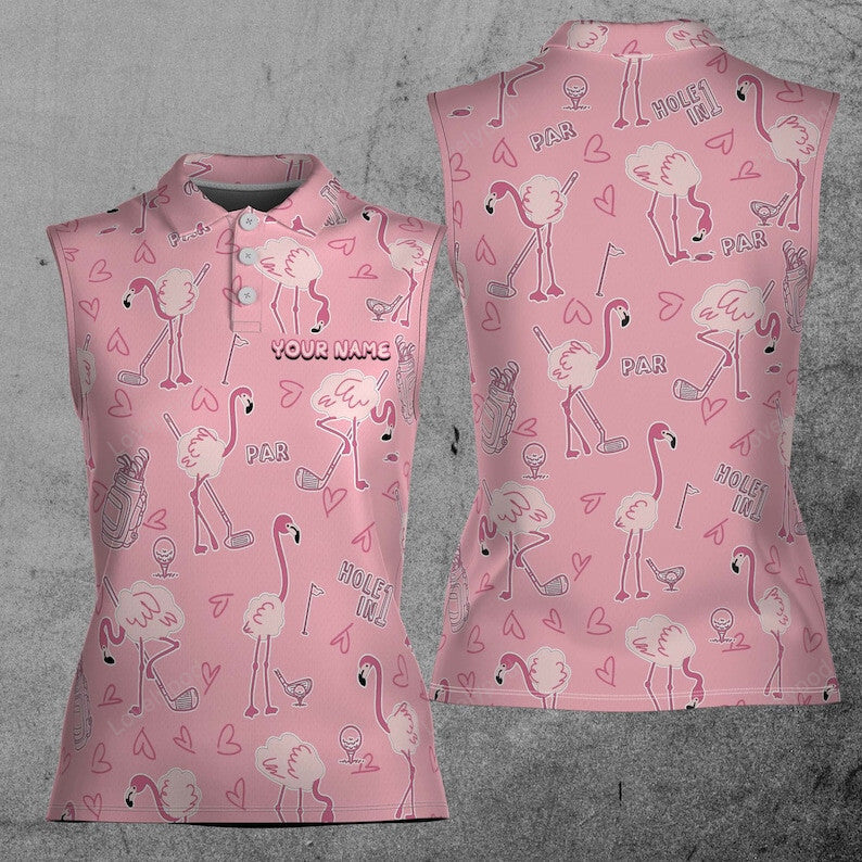 Cute flamingo playing golf pattern golf team women's sleeveless polo shirt, funny women golf shirt GY3442