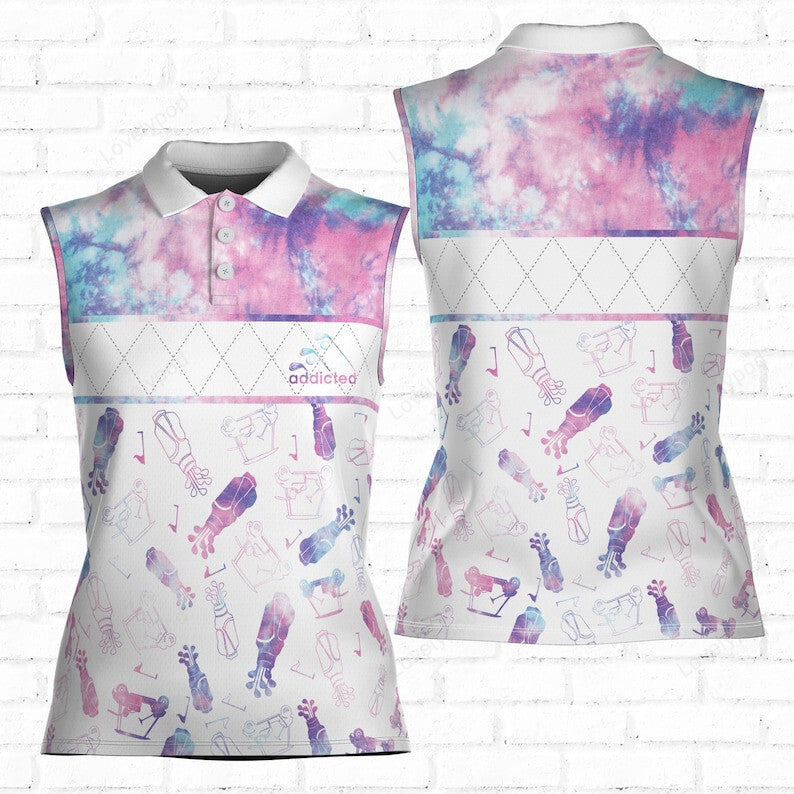 Tie-dye addicted golf pink blue pattern 3d women's sleeveless polo shirt, funny women golf shirt GY3444