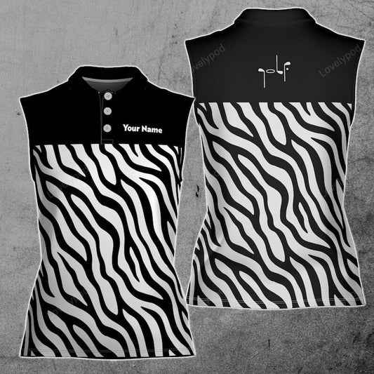 Custom golf lover zebra pattern women golf team women 3d sleeveless polo shirt, funny women golf shirt GY3446