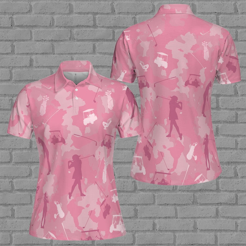 Golf girl camouflage pink camo lady golf women 3d polo shirt, golf girl women polo shirt, golf shirt for ladies GY3448