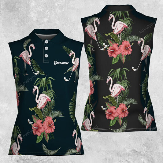 Seamless tropical flamingo women golfer team custom name 3d women sleeveless polo shirt, funny women golf shirt GY3452