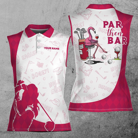 Customize name par then bar flamingo pink argyle lady plays golf 3d women sleeveless polo shirts, patriotic usa golf shirts for women golf gifts GY3457