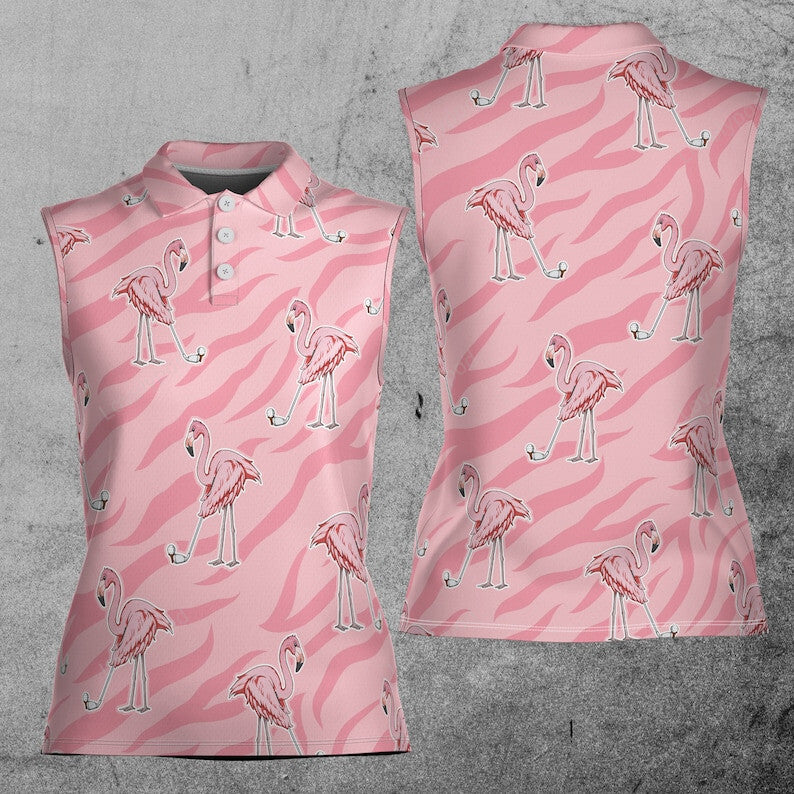 Flamingo golfing pink zebra pattern golf lover 3d women sleeveless polo shirts, golf shirts for women, golf gifts GY3461