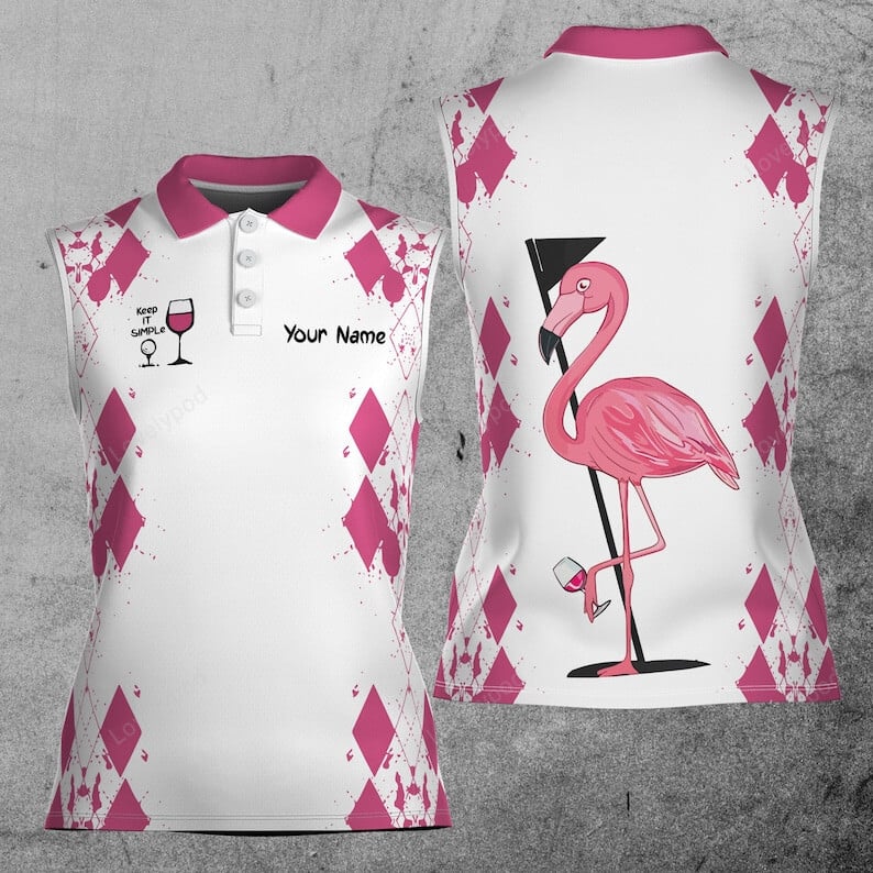 Custom name white pink flamingo keep it simple women golf team 3d women sleeveless polo shirts, golf shirts for women, golf gifts GY3462