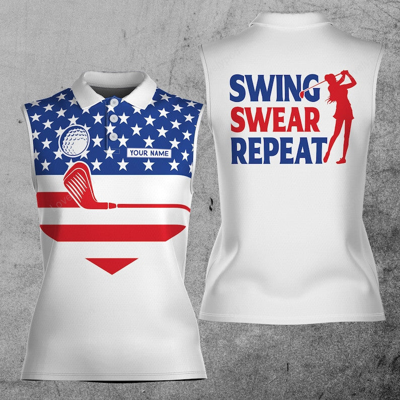 Golf women american flag swing swear repeat custom name 3d women sleeveless polo shirts, golf shirts for women, golf gifts GY3464