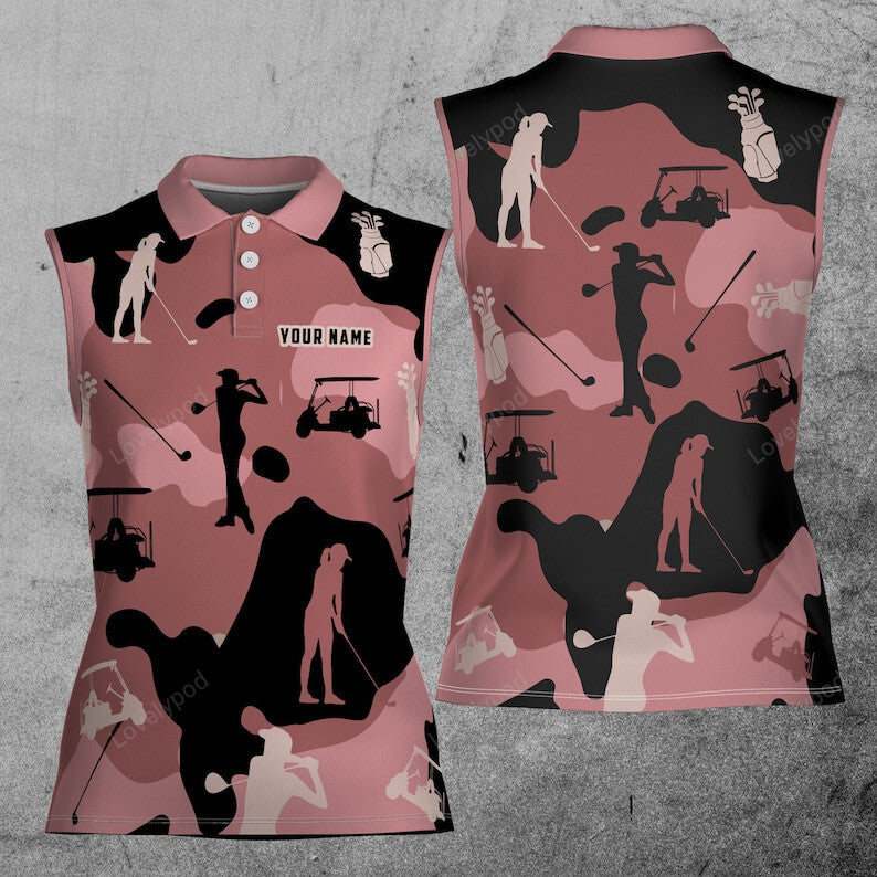 Pink camouflage golf girl custom name 3d women sleeveless polo shirt, golf shirts for women, golf gifts GY3467