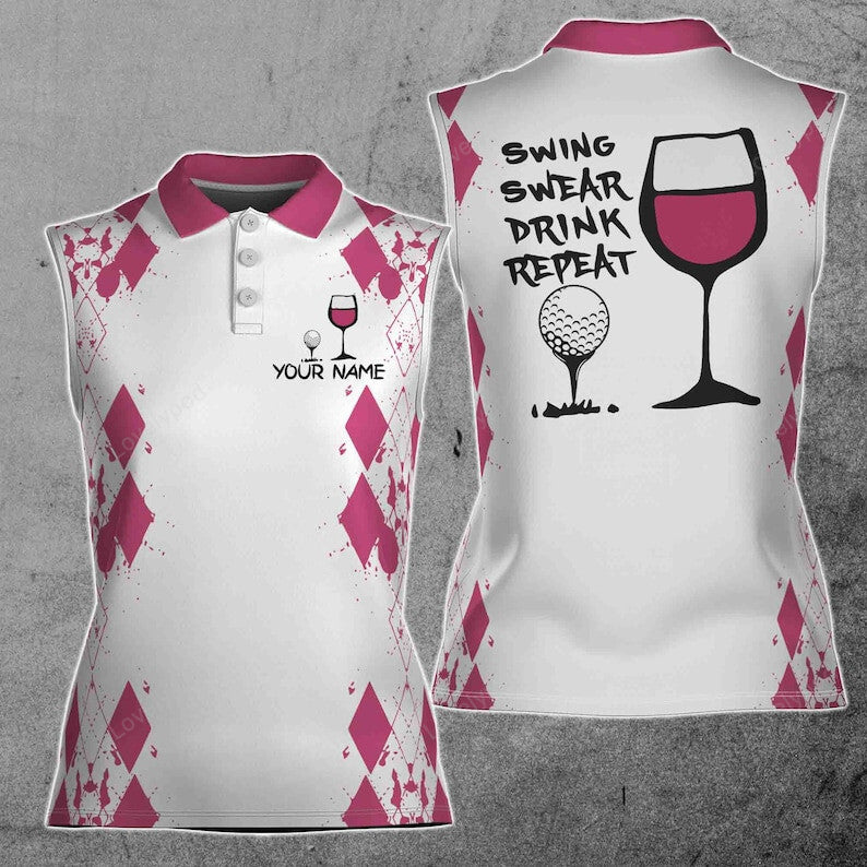 Custom name swing swear drink repeat golf & wine 3d women sleeveless polo shirt, golf shirts for women, golf gifts GY3477