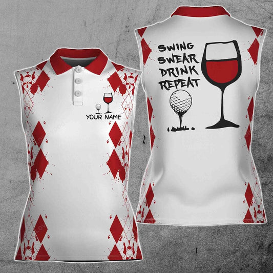 Custom name swing swear drink repeat golf & wine 3d women sleeveless polo shirt for women GY3478