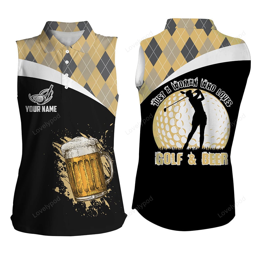 Just a woman who loves golf & beer argyle pattern women sleeveless polo beer golf tops for women GY3500