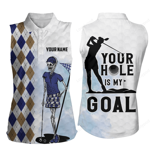Your hole is my goal argyle pattern skull sleeveless golf shirts, scary golf tops for women golf gifts GY3510