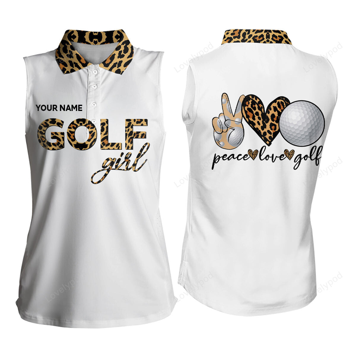 Leopard golf girl peace love golf women sleeveless polo shirt, custom golf shirts for women golf gifts GY3512