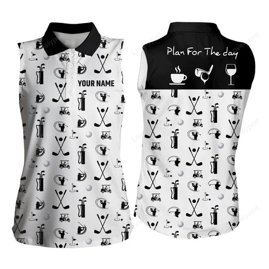 Black white plan for the day golf icons sleeveless polo shirt, custom golf shirts for women golf gifts GY3514