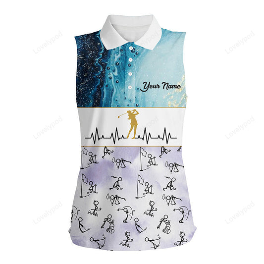 Custom stick figures playing golf blue marble heartbeat sleeveless golf shirts for women golf gifts GY3516