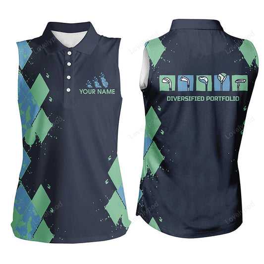 Womens sleeveless polo shirt, custom blue argyle golf shirts ladies diversified portfolio golf clubs GY3517