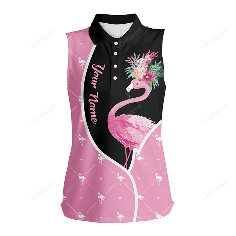 Women sleeveless polo shirt, flower flamingo seamless black & pink custom cute golf tops for women GY3522