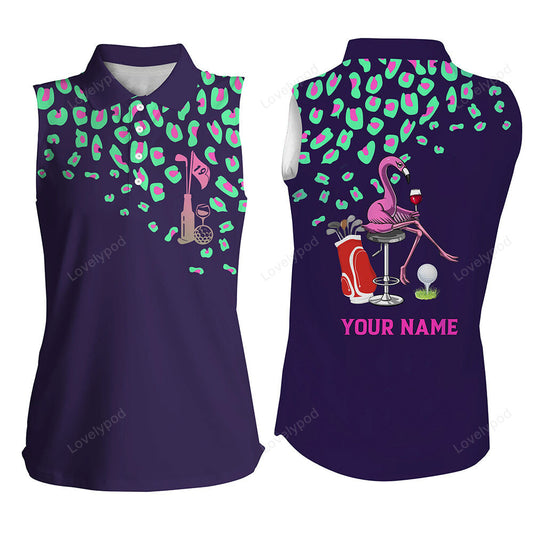 Green leopard women sleeveless polo shirt, custom purple ladies top flamingo golf wine shirts GY3526