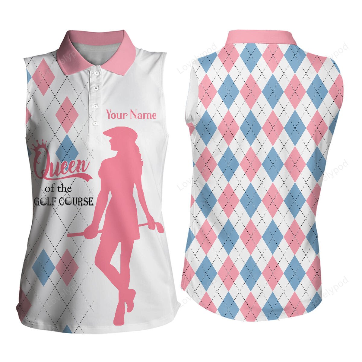 Queen of the course pink & blue argyle sleeveless golf polo shirt, custom best golf gifts for women GY3529