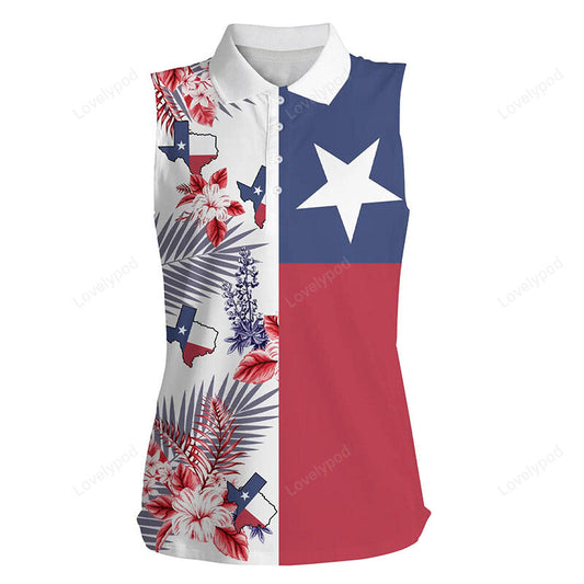 Texas flag women sleeveless polo shirt, tropical leaf golf attire for women, golf gift for ladies GY3531