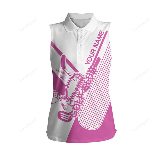 Pink and white women sleeveless polo shirt, custom golf club attire for women, golf gift for ladies GY3533