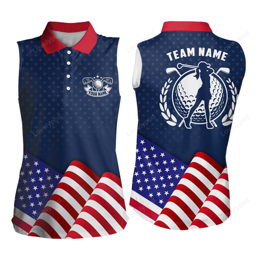 Custom women sleeveless golf polo shirt, with waving american flag patriotic us golf shirt for women GY3538