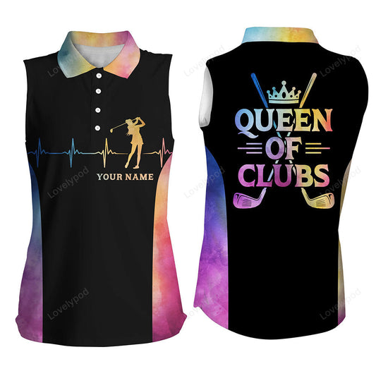 Queen of clubs golf sleeveless polo shirt, custom heartbeat black golf shirts for women colorful GY3539