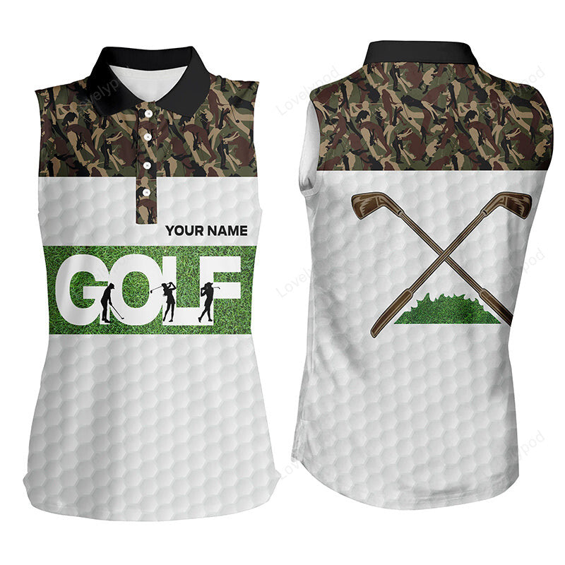 Women sleeveless polo shirts, custom green camo golf tops for women personalized golf gifts GY3540