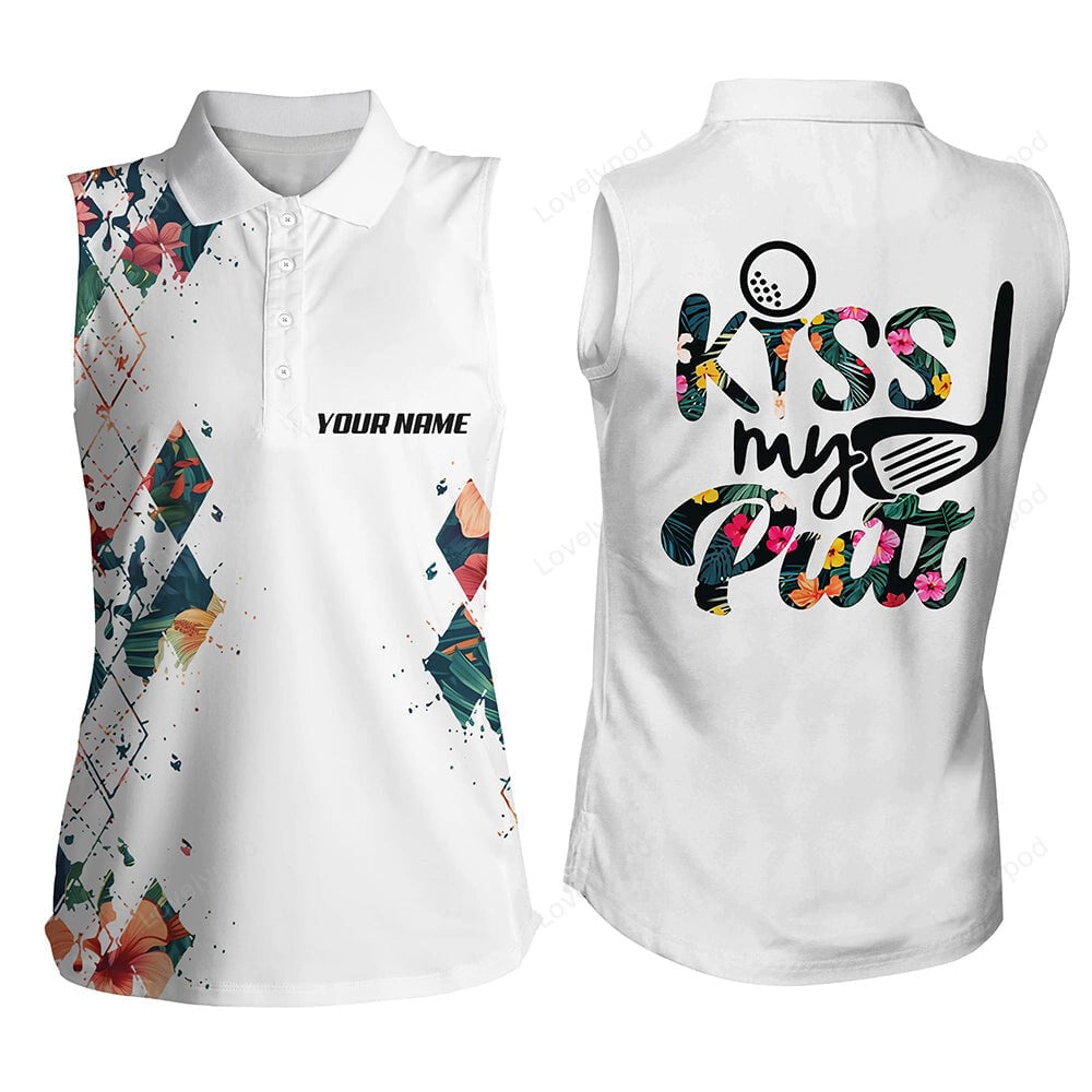 Tropical argyle pattern white women sleeveless polo shirt, custom kiss my putt women's golf tanks GY3553