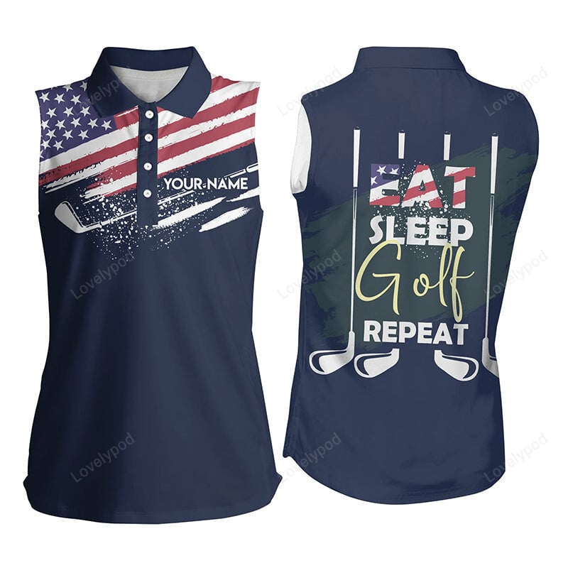 Eat sleep golf repeat american flag women sleeveless polo shirt, custom name golf shirts for women GY3555